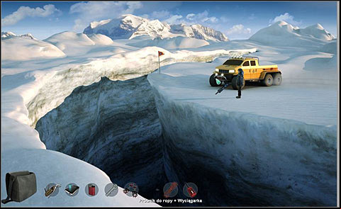 After you get to the place, use the winch in front of the vehicle and attach an oil probe to it - Drop down into the crevasse - Day 3 - Alpha Polaris - Game Guide and Walkthrough