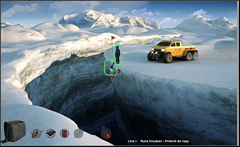 Now use the rope on your character and attach it to the oil probe - Drop down into the crevasse - Day 3 - Alpha Polaris - Game Guide and Walkthrough