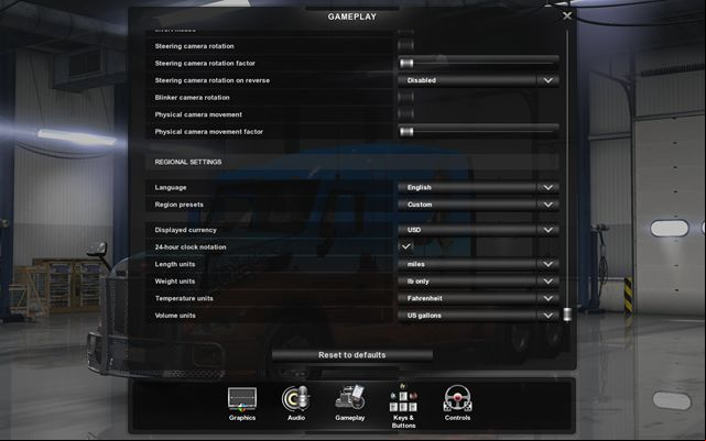 Here you can set language in the game, what currency you prefer to use, units (length, weight, temperature and volume) - Settings - Game configuration - American Truck Simulator - Game Guide and Walkthrough