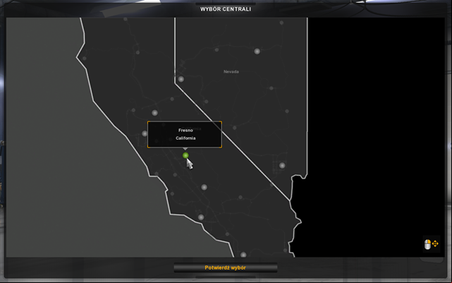 You must select the city for your central from 19 available cities in California or 9 cities in Nevada - Player profile and central selection - First steps - American Truck Simulator - Game Guide and Walkthrough