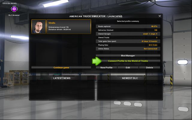 To connect your with an online , you must press the Connect profile to the World of Trucks button at the character select screen - Online - First steps - American Truck Simulator - Game Guide and Walkthrough