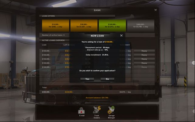 12% interest rate (in case of $400000 loan) or 18% (in case of $100000) may not seem attractive, but it is annual - Taking a loan - Bank - American Truck Simulator - Game Guide and Walkthrough