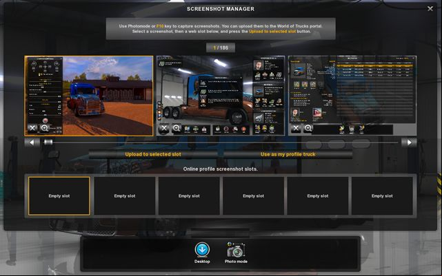 In screenshot manager you can send your screenshots to your online profile on worldoftrucks - Photo studio - Interface - American Truck Simulator - Game Guide and Walkthrough