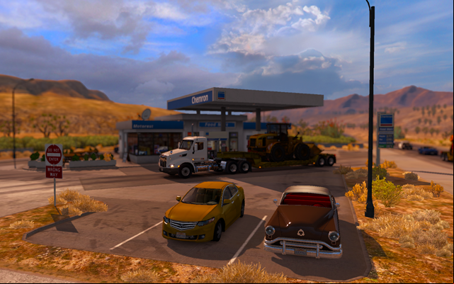 To take fuel park near the fuel dispenser where the green icon is displayed - Using gas stations; driver resting - Driving your truck across the States - American Truck Simulator - Game Guide and Walkthrough