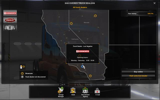 To buy a truck go to a truck dealer by clicking the button on the main control - Buying a truck - Truck dealers - American Truck Simulator - Game Guide and Walkthrough