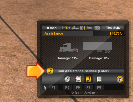 In such moments you have to call the emergency road service - Accident and calling emergency services - Driving your truck across the States - American Truck Simulator - Game Guide and Walkthrough