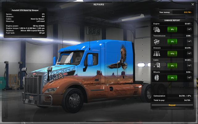 The car repair shop displays on the right the truck condition and repair costs of each element - Repairing and modifying the truck - Driving your truck across the States - American Truck Simulator - Game Guide and Walkthrough
