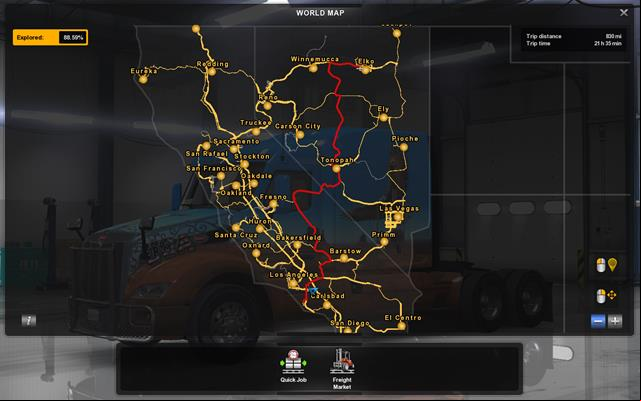 The widest map allows you for checking which cities have you explored - Map and legend - Game world - American Truck Simulator - Game Guide and Walkthrough