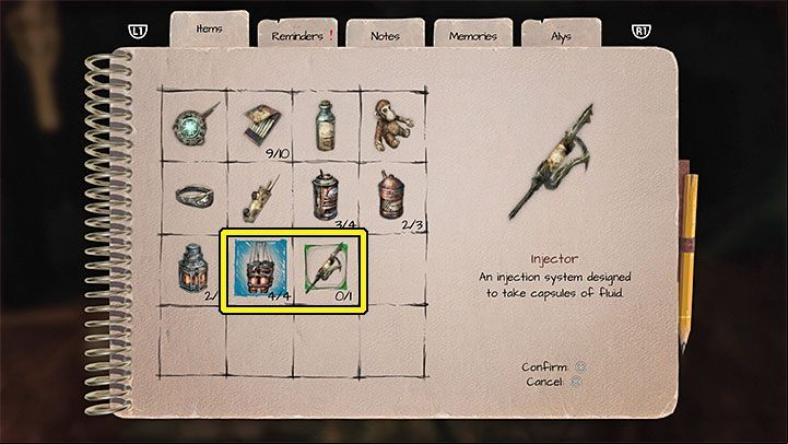 Open your inventory, select the capsules and choose combine items - you have to connect the capsules with the injector (example in the picture above) - Amnesia Rebirth: The Lower Factory - walkthrough - Walkthrough - Amnesia Rebirth Guide