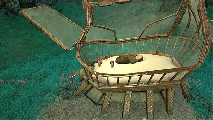 You have to start following the goddess who will lead you to the crib where Tasis' daughter Amari is - Amnesia Rebirth: The Throne Room - 3 endings - Walkthrough - Amnesia Rebirth Guide