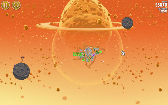 Once the bird breaks inside, after a while everything will be sucked up in the center, resulting in the destruction of almost everything around - Level E-5 - Eggsteroids - Angry Birds Space - Game Guide and Walkthrough
