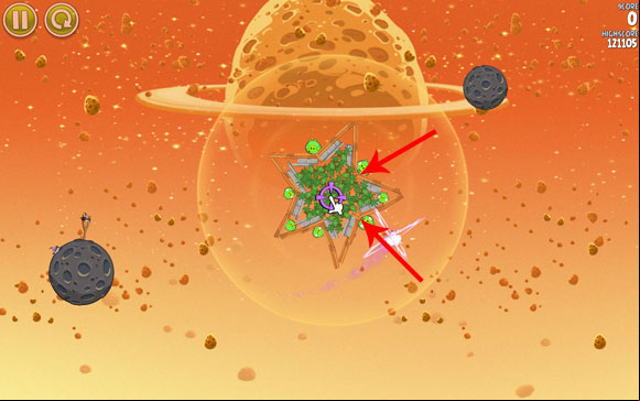 The level is very easy - after launching the bird, change its course to get it inside the center of the structure - Level E-5 - Eggsteroids - Angry Birds Space - Game Guide and Walkthrough