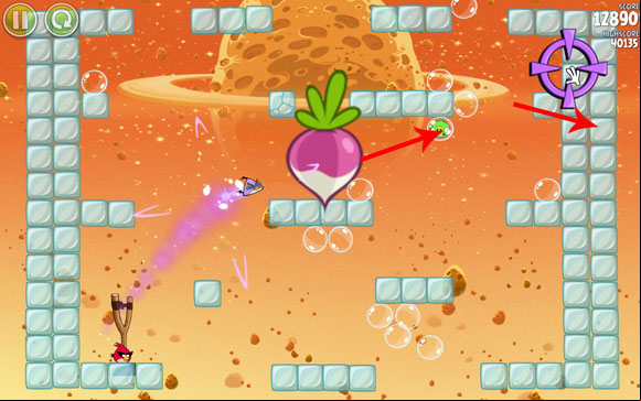 After a while a huge radish appears - launch the bird and as soon as it levels with the pig, change its course, aiming as high as possible, so that it could destroy seven additional blocks - Level E-4 - Eggsteroids - Angry Birds Space - Game Guide and Walkthrough