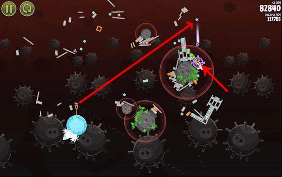 When everything blows up into little pieces, ready the second bird - Level 3-30 - Danger Zone - Angry Birds Space - Game Guide and Walkthrough