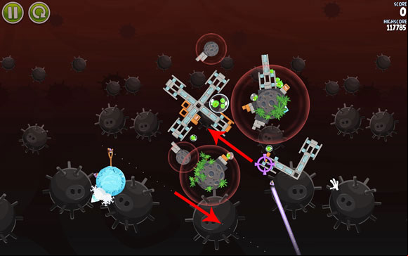 This level doesn't give you any help with the first shot or with when to change the course - Level 3-30 - Danger Zone - Angry Birds Space - Game Guide and Walkthrough