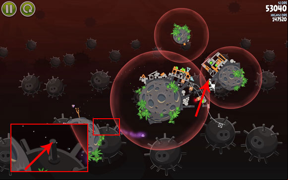 Send the other bird down - the trajectory has to go through the indicated prong - Level 3-27 - Danger Zone - Angry Birds Space - Game Guide and Walkthrough
