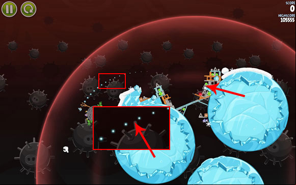 Aim the first bird's flight path right above the prong shown on the close-up - Level 3-25 - Danger Zone - Angry Birds Space - Game Guide and Walkthrough