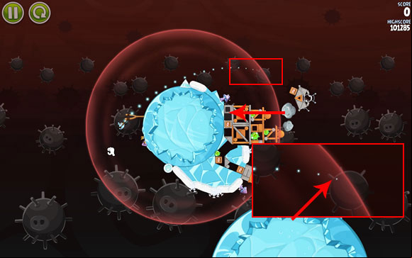 The first bird has to reach the box of explosives - Level 3-22 - Danger Zone - Angry Birds Space - Game Guide and Walkthrough