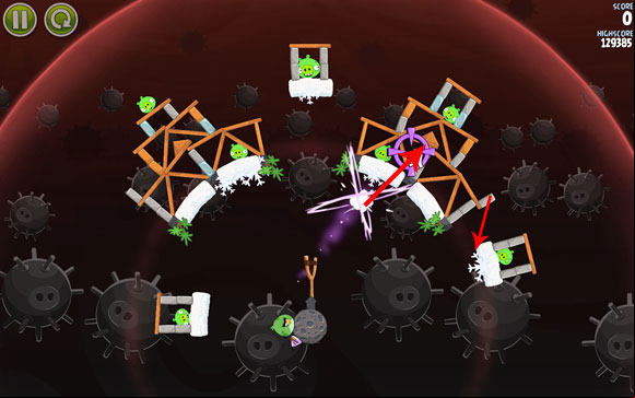 Use the last bird to destroy the second structure (depending on which you have destroyed first) - Level 3-15 - Danger Zone - Angry Birds Space - Game Guide and Walkthrough