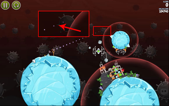 Zoom out and adjust the flight path to go through the prong indicated on the close-up - Level 3-13 - Danger Zone - Angry Birds Space - Game Guide and Walkthrough