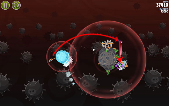 If you're lucky, a piece of the meteorite should hit the smaller structure on the other side of the planet with the first shot - Level 3-8 - Danger Zone - Angry Birds Space - Game Guide and Walkthrough