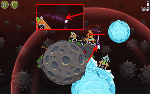 As soon as the bird es beyond the second house, change its course towards the indicated block - Level 3-7 - Danger Zone - Angry Birds Space - Game Guide and Walkthrough