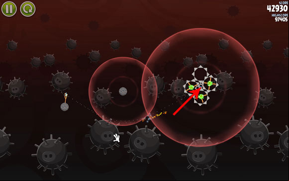 Launch the second bird on pretty much the same path - see where the most blocks are so that the bird could break through without trouble - Level 3-4 - Danger Zone - Angry Birds Space - Game Guide and Walkthrough