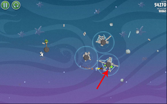 At the best-case scenario, you should have only one pig left; at a worse case - three, but arranged in such a way that launching another bird at the indicated spot and detonating it will take care of them - Level 2-29 - Cold Cuts - Angry Birds Space - Game Guide and Walkthrough