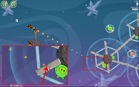 Launch the first bird at the closest planet - adjust the flight path so that the dots go through the line connecting the two blocks shown on the close-up - Level 2-29 - Cold Cuts - Angry Birds Space - Game Guide and Walkthrough