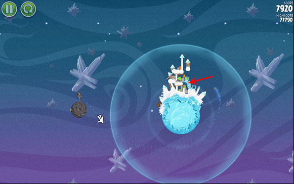 If the structure doesn't fall with the first attempt, send the second bird, using a slightly lesser angle - Level 2-28 - Cold Cuts - Angry Birds Space - Game Guide and Walkthrough