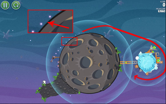 A very easy level that's only about two simple moves - first, adjust the flight path to go very closely to the big planet - Level 2-27 - Cold Cuts - Angry Birds Space - Game Guide and Walkthrough