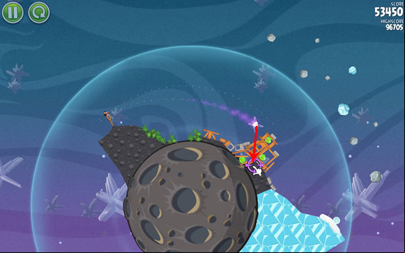 Launch another bird without much aiming, so that you could easily change its course towards the indicated planks - destroying the main structure and exterminating the remaining pigs - Level 2-26 - Cold Cuts - Angry Birds Space - Game Guide and Walkthrough