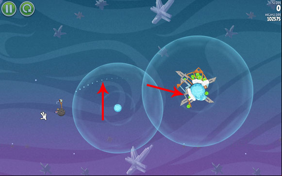 Adjust the first bird's flight path a little above the indicated edge of the pattern in the background - Level 2-23 - Cold Cuts - Angry Birds Space - Game Guide and Walkthrough