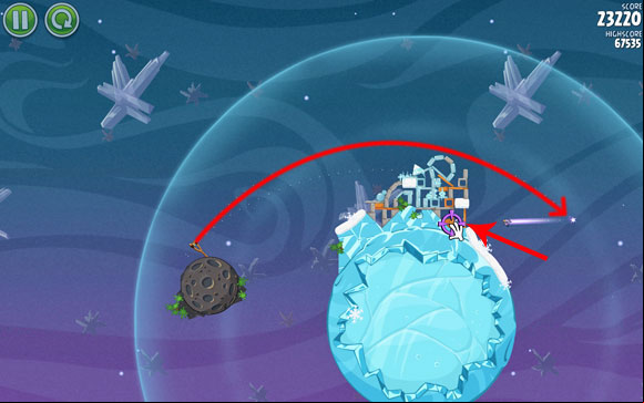 The second bird has to be launched much higher - the upper part of the structure should have been destroyed at least a little in the previous strike, making the second launch much easier - Level 2-21 - Cold Cuts - Angry Birds Space - Game Guide and Walkthrough