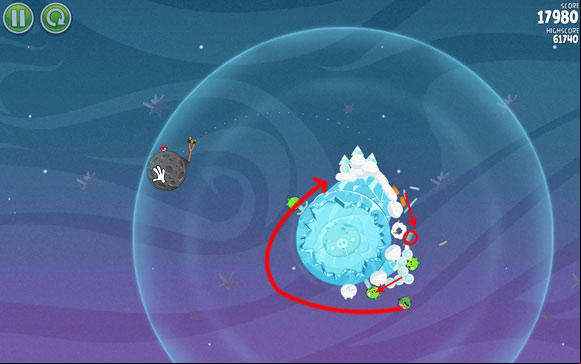Your goal is to get the bird to make almost a full circle around the planet and kill the last piglet, while releasing the remaining planks to get rid of the rest of them - Level 2-20 - Cold Cuts - Angry Birds Space - Game Guide and Walkthrough