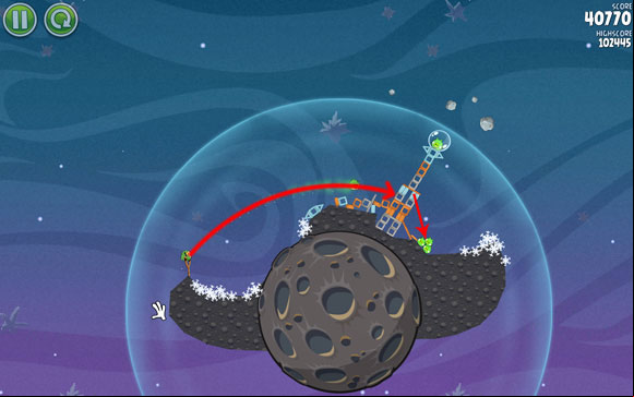 The second bird has to be send a little lower, which will make adjusting the flight path a little more difficult - Level 2-17 - Cold Cuts - Angry Birds Space - Game Guide and Walkthrough