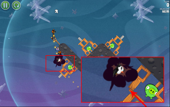 Your goal is to cause an explosion that will start a chain reaction, allowing for the destruction of every structure and the extermination of all the pigs - Level 2-15 - Cold Cuts - Angry Birds Space - Game Guide and Walkthrough