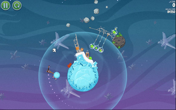 The angle of the shot isn't too important - what is not to launch the bird beyond the gravity field - Level 2-12 - Cold Cuts - Angry Birds Space - Game Guide and Walkthrough