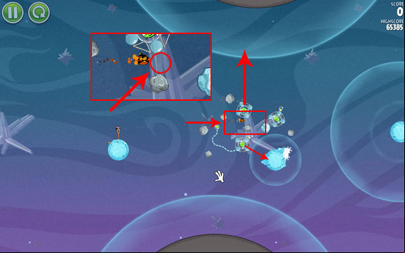 Adjust the trajectory of the first bird to go right above the first asteroid - it has to fly past it without hitting it - Level 2-3 - Cold Cuts - Angry Birds Space - Game Guide and Walkthrough
