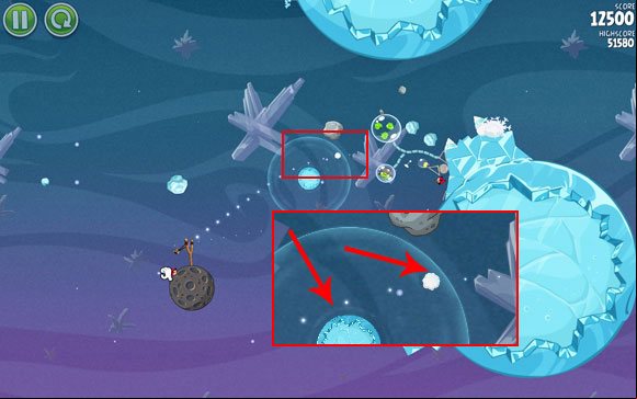 Aim the second shot at the smaller planet, as pictured above - Level 2-2 - Cold Cuts - Angry Birds Space - Game Guide and Walkthrough