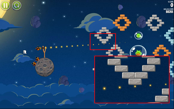 The first shot is crucial - you should know from the start that if you miss, you probably won't get the three stars - Level 1-14 - Pig Bang - Angry Birds Space - Game Guide and Walkthrough
