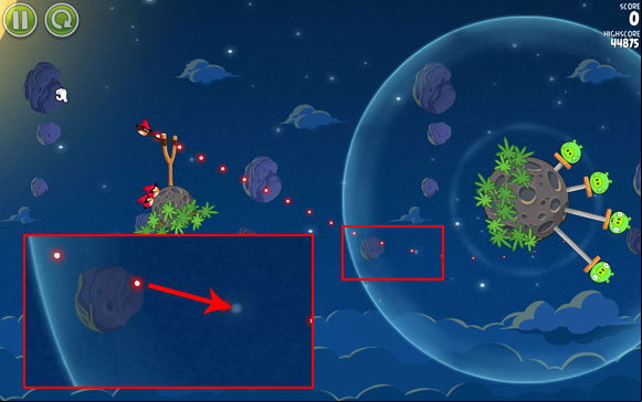 In order to get rid of all the pigs in one shot, launch the bird so that it flies from below; this way you can knock down all the balks - Level 1-2 - Pig Bang - Angry Birds Space - Game Guide and Walkthrough