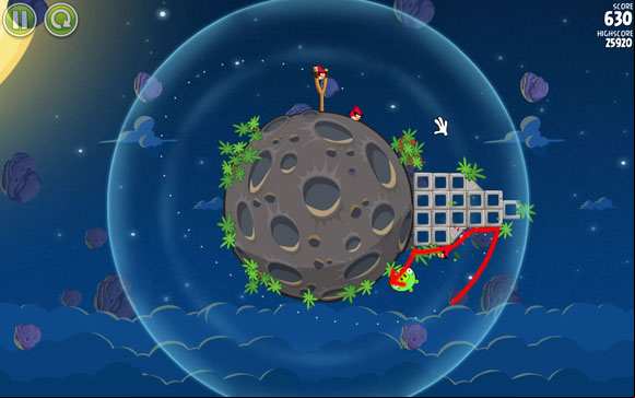 The bird will fly around the planet and hit the obstacle - wait until it rolls down and slays the pig - Level 1-3 - Pig Bang - Angry Birds Space - Game Guide and Walkthrough