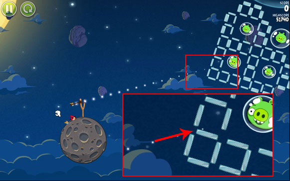 The place you should aim the bird at is more or less the indicated break between the glass planks - Level 1-11 - Pig Bang - Angry Birds Space - Game Guide and Walkthrough