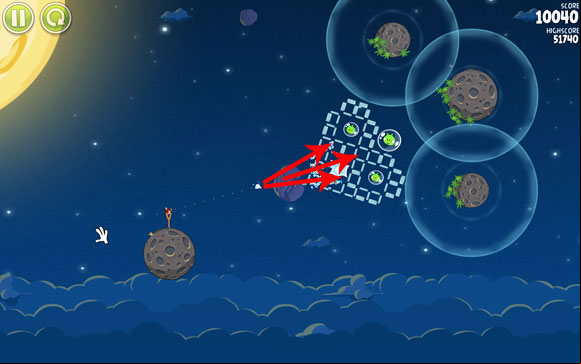 Split BipBapBop at quite a distance from the glass planks - Level 1-11 - Pig Bang - Angry Birds Space - Game Guide and Walkthrough