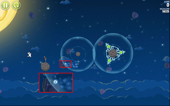 Split the birds right after they enter the first planet's gravity area - Level 1-12 - Pig Bang - Angry Birds Space - Game Guide and Walkthrough