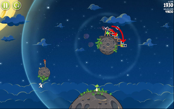 If the birds hits right, it should roll down the blocks on the second pig (the first one will be killed by a concrete block), while a glass shard should shake the structure the last of the pigs is hiding in - Level 1-13 - Pig Bang - Angry Birds Space - Game Guide and Walkthrough