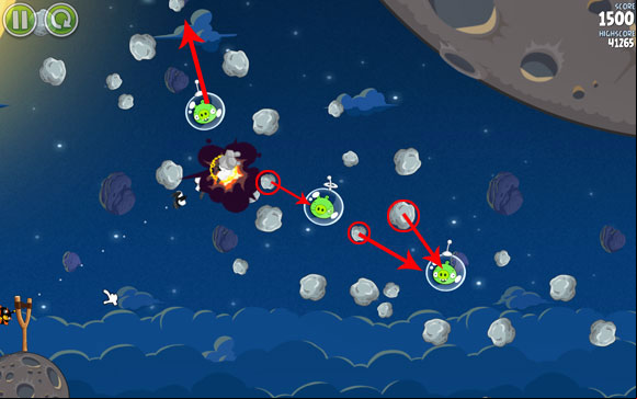 As soon as you're between the stones, detonate the bird - and while you don't need to worry about the pig on the left, the chain reaction you need to achieve on the right is another matter - Level 1-15 - Pig Bang - Angry Birds Space - Game Guide and Walkthrough
