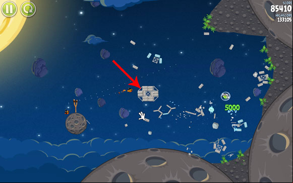 There will the total chaos on the screen - don't mind it, but launch the second bird at the indicated spot and detonate it - Level 1-17 - Pig Bang - Angry Birds Space - Game Guide and Walkthrough
