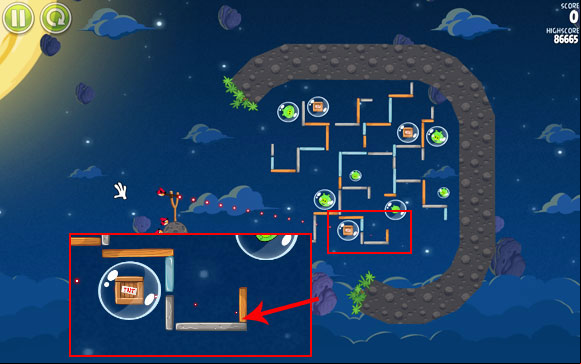 Your goal is to create a chain reaction that destroys everything around, while using only one bird - Level 1-26 - Pig Bang - Angry Birds Space - Game Guide and Walkthrough